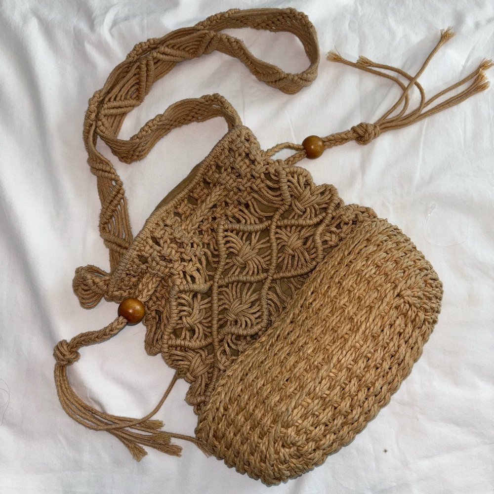 Tan Drawstring Crochet Bag